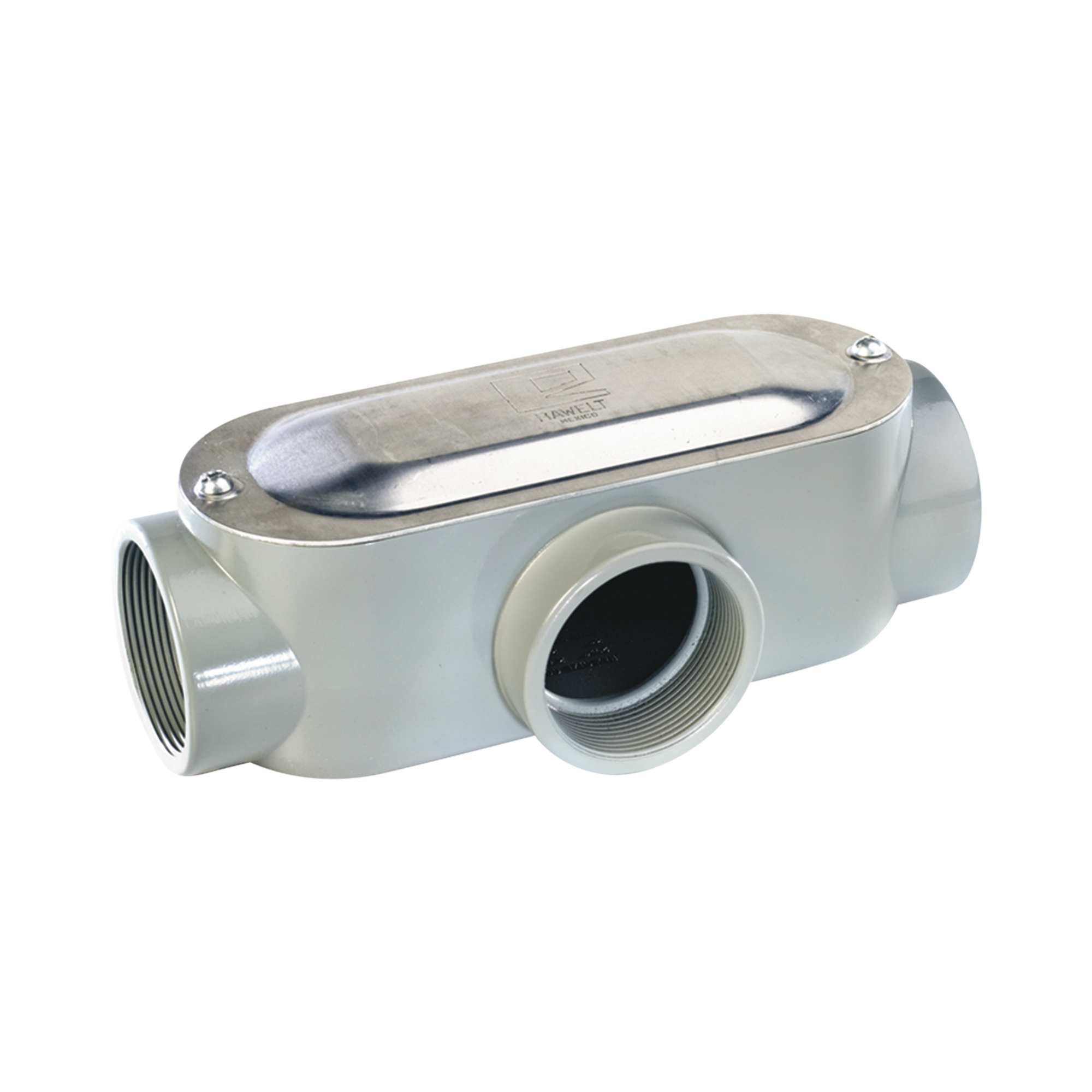 Caja oval roscada tipo T de 2 1/2" l (63.5 mm) incluye tapa y tornillos.