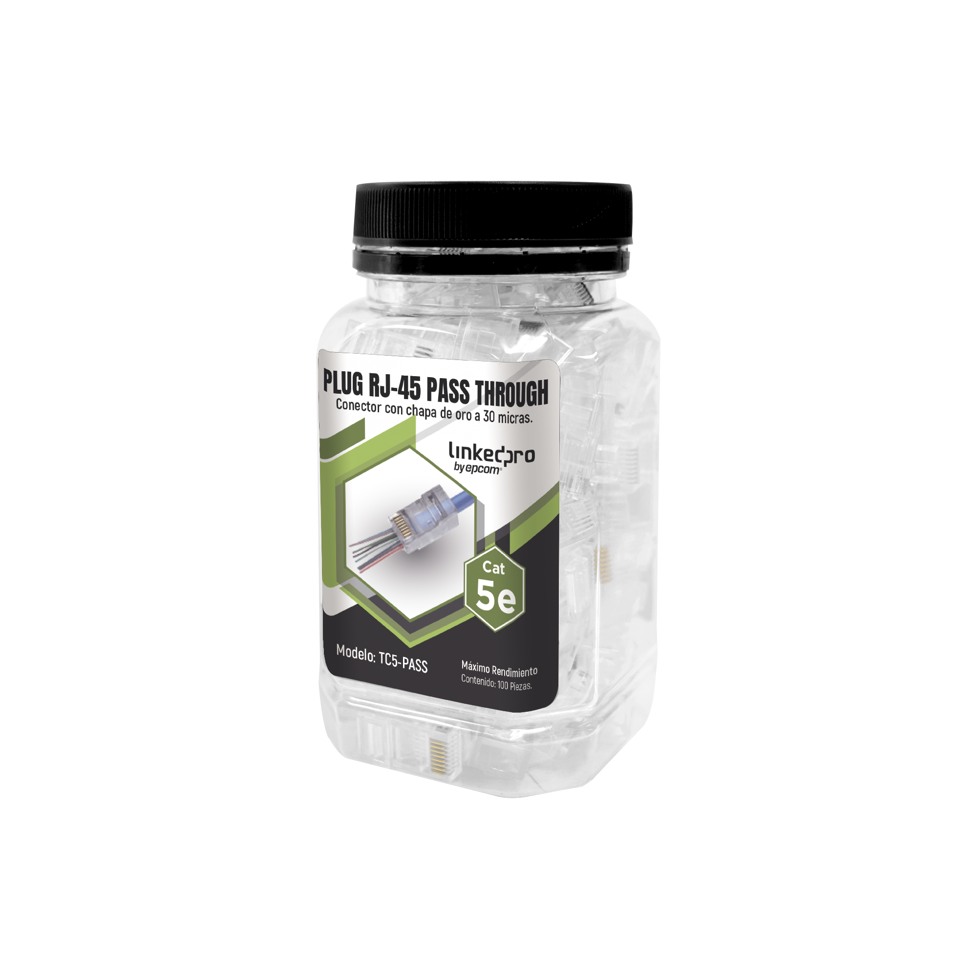 Bote con 100 Plugs Pass through RJ45 Cat5e sin blindaje, chapado de oro a 30 micras para durabilidad extrema