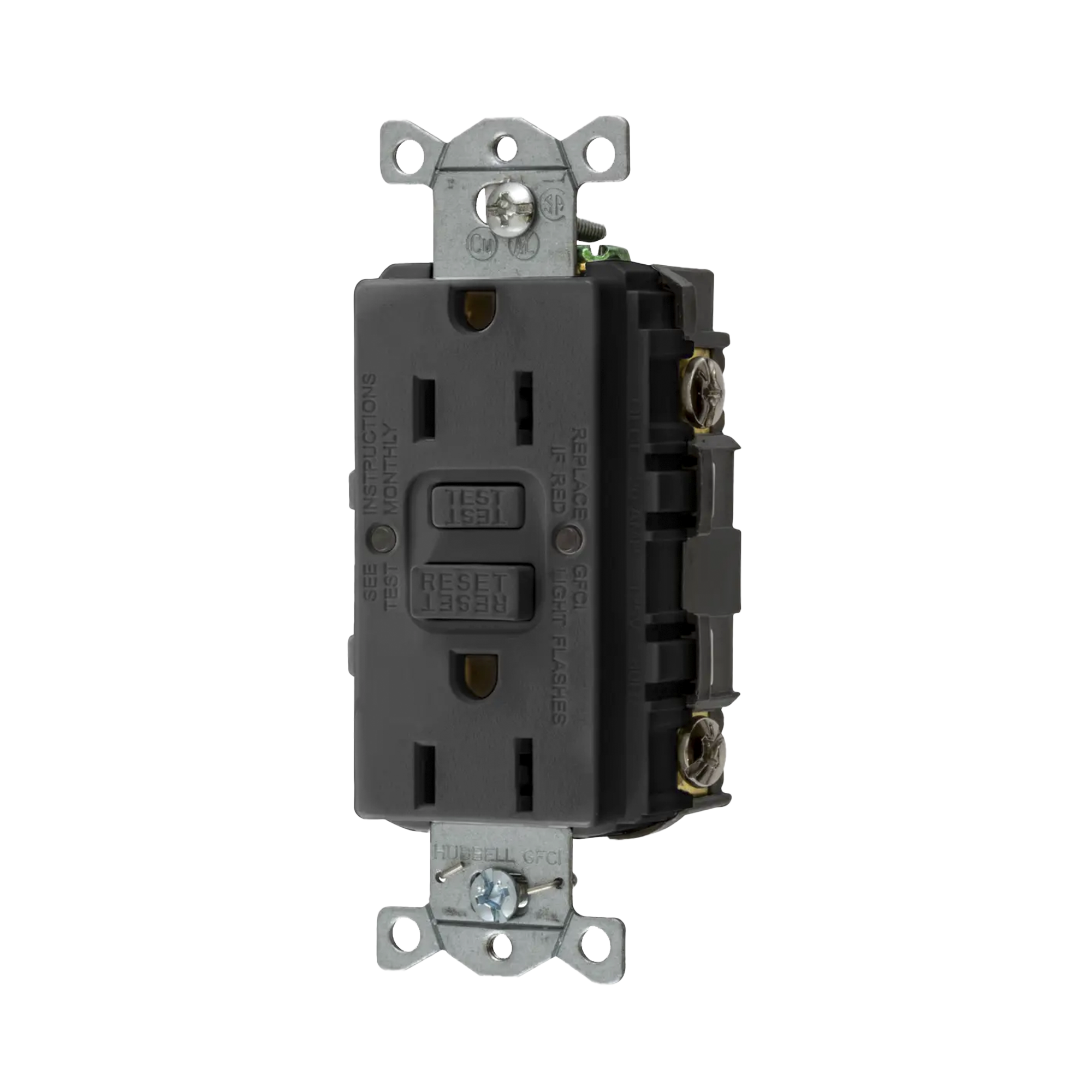 Contacto de Auto-verificación GFCI con Interruptor de Falla a Tierra de 15 A 125 V 2 Polos, 3 Hilos Color Negro (Nema 5-15R), Grado Comercial.