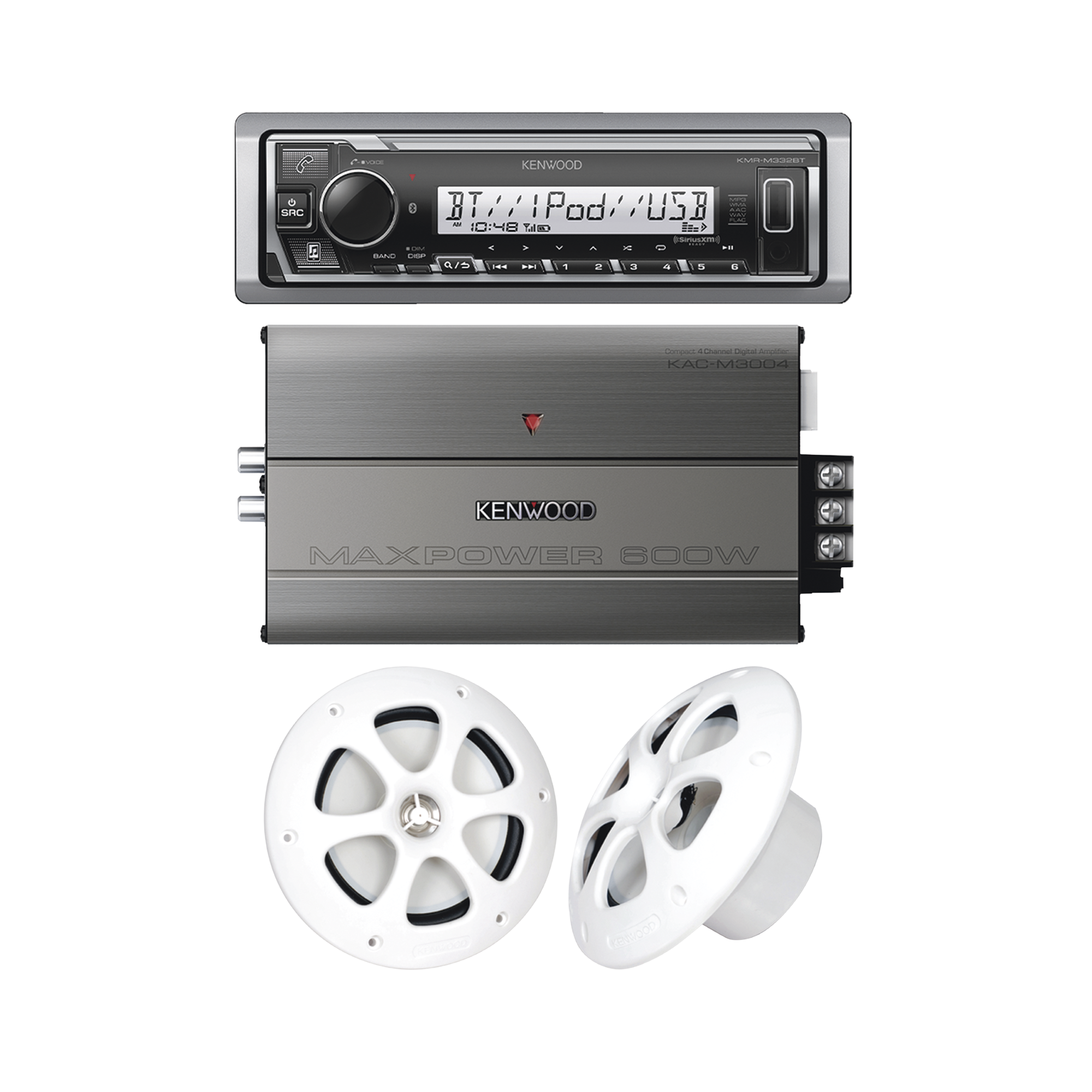 Kit de estereo con Bluetooth KMR-M332BT | Amplificador KAC-M5014 | mas Par de bocinas KFC-1613MRW