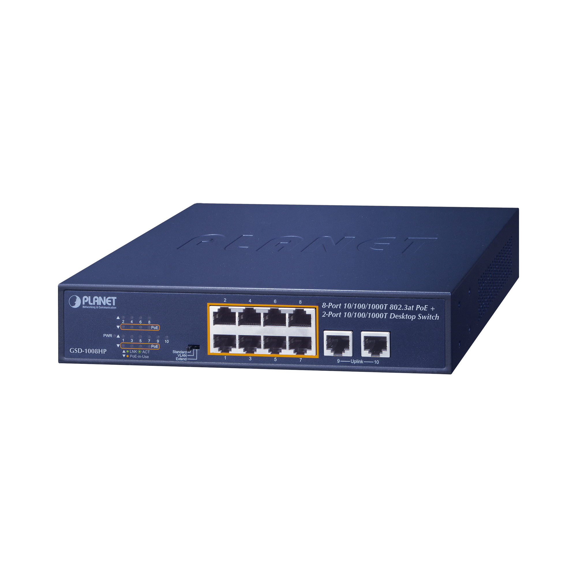 Switch PoE No Administrable, Modo Extendido Hasta 250 m, 10 Puertos 10/100/1000 Mbps, 8 Puertos PoE 802.3af/at, 2 Puertos Uplink, Hasta 120 W