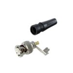 Conector BNC macho en 75 Ohm, para cable coaxial RG-59 / Con base de alivio negra de PVC, Ní­quel/ Oro/ PTFE.