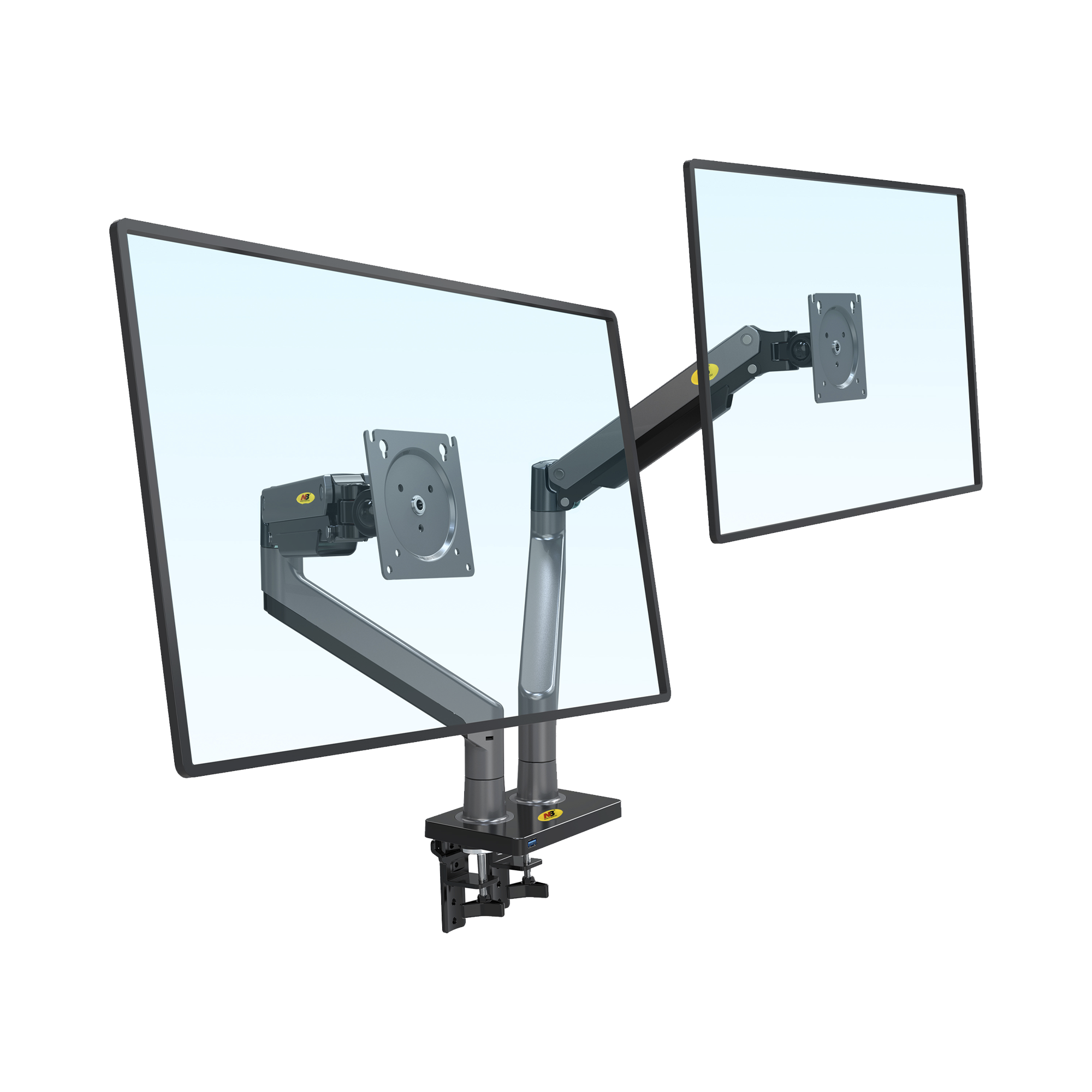 Montaje de Escritorio articulado para 2 monitores de 22"-32" / Soporta hasta 15 kg x brazo / Vesa 75 x 75 / 100 x 100 / Acero / Giro: 360°