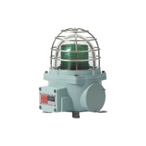 Baliza con luz LED color Verde con patrón de destello fijo o flasheante, ideal para zonas y áreas peligrosas, opera en un rango de 12-24 VCD