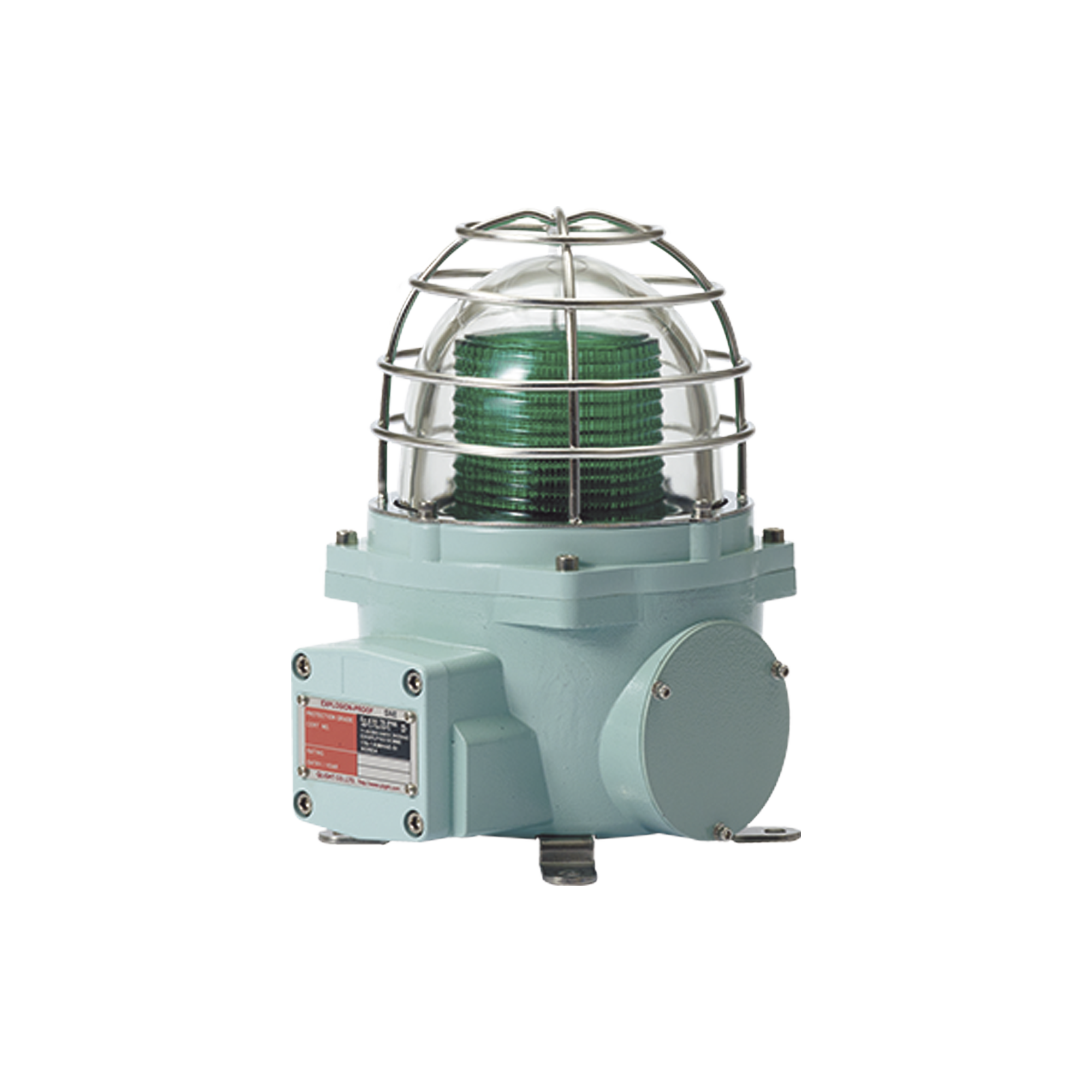 Baliza con luz LED color Verde con patrón de destello fijo o flasheante, ideal para zonas y áreas peligrosas, opera en un rango de 12-24 VCD