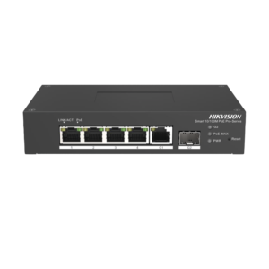 Switch PoE+ / Administrable / 4 Puertos 10/100 Mbps PoE+ / 1 Puerto 1000 Mbps Uplink / 1 Puertos SFP  /  Configuración Nube Hik-PartnerPro / Modo Extendido hasta 300 Metros / 60 Watts