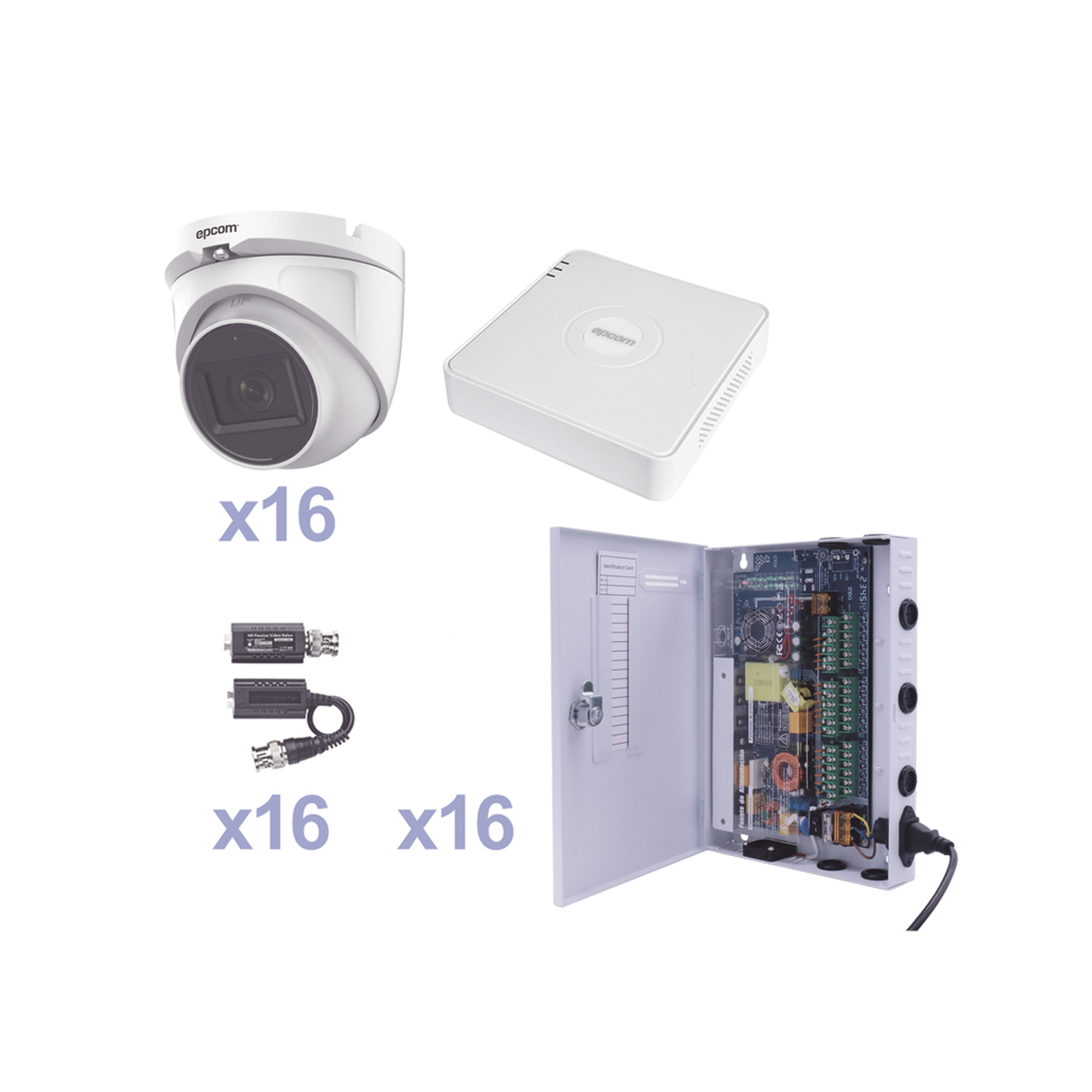 KIT TurboHD 1080p Lite / DVR 16 Canales / 16 Cámaras Eyeball Exterior ( 2.8mm) / Transceptores / Conectores / Fuente de Poder Profesional
