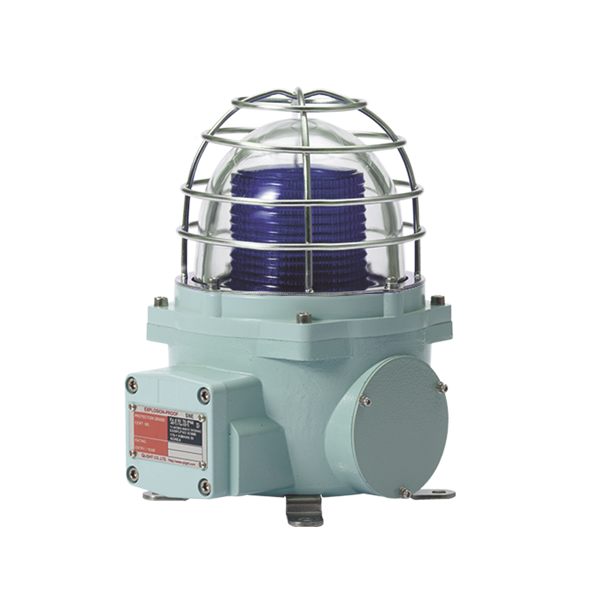 Baliza con luz LED color Azul con patrón de destello fijo o flasheante, ideal para zonas y áreas peligrosas, opera en un rango de 12-24 VCD