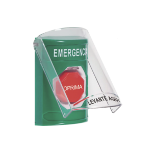 ?Botón Multipropósito, Color Verde, De Superficie, Con Tapa De Policarbonato, Con Bocina Pre Alarma, Para Interior, Llave Para Restablecer, Texto De Emergencia, Español