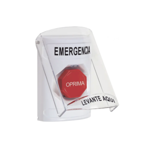 ?Botón Multipropósito, Color Blanco, De Superficie, Con Tapa De Policarbonato, Con Bocina Pre Alarma, Para Interior, Llave Para Restablecer, Texto De Emergencia, Español