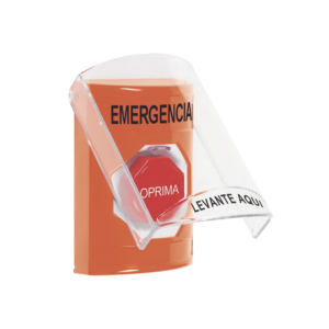 ?Botón Multipropósito, Color Naranja, De Superficie, Con Tapa De Policarbonato, Con Bocina Pre Alarma, Para Interior, Llave Para Restablecer, Texto De Emergencia, Español