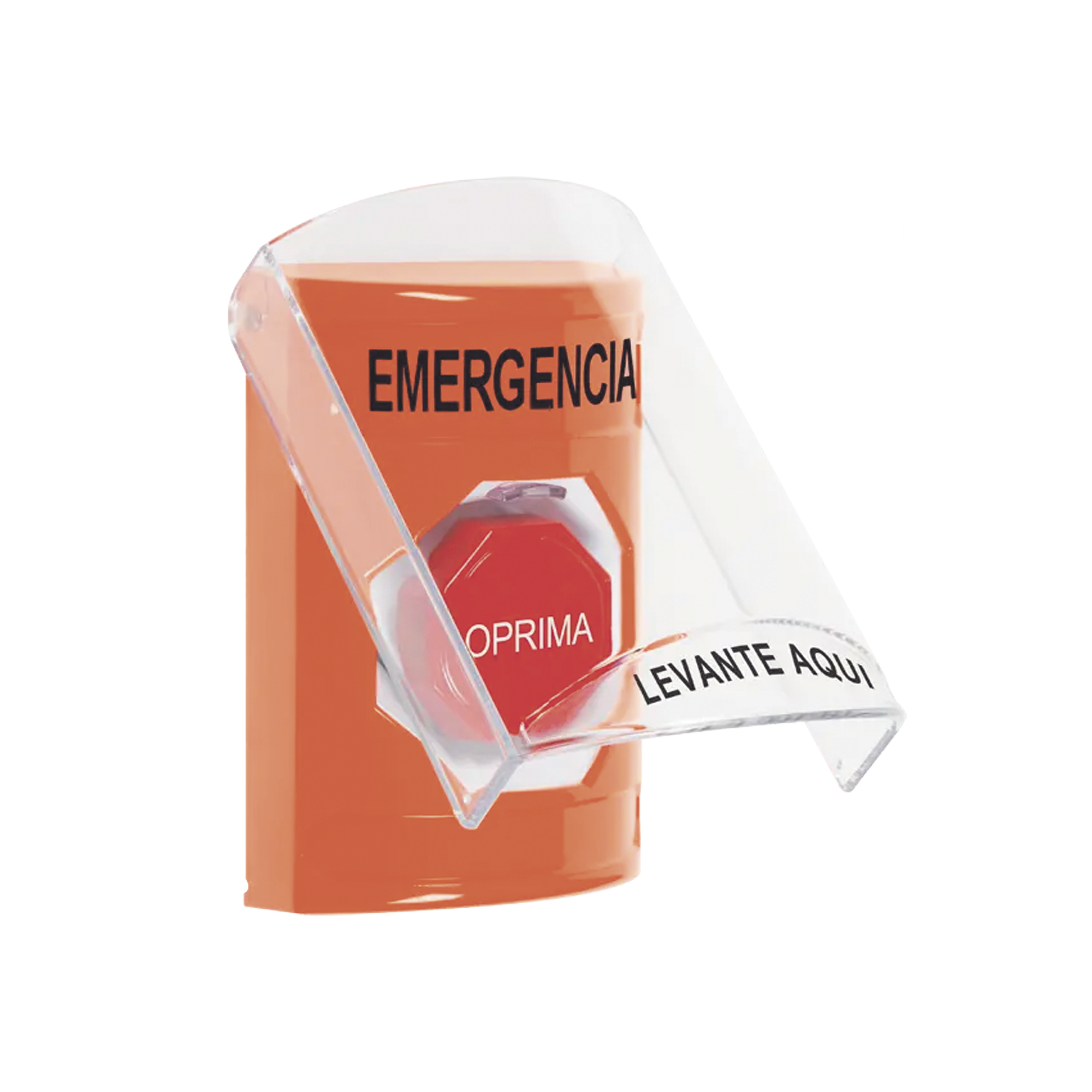 ?Botón Multipropósito, Color Naranja, De Superficie, Con Tapa De Policarbonato, Con Bocina Pre Alarma, Para Interior, Llave Para Restablecer, Texto De Emergencia, Español