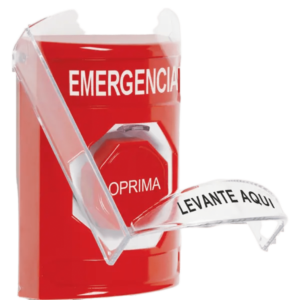 ?Botón Multipropósito, Color Rojo, De Superficie, Con Tapa De Policarbonato, Con Bocina Pre Alarma, Para Interior, Llave Para Restablecer, Texto De Emergencia, Español