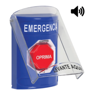 Botón Multipropósito, Color Azul, De Superficie, Con Tapa De Policarbonato, Con Bocina, Para Interior, Girar Para Restablecer, Texto De Emergencia, Español