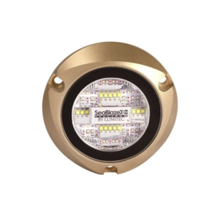 Luz led marina sumergible SeaBlaze X2, emite luz de color blanco y azul de 6000 lǧmenes, fabricada en bronce naval con grado de protecci??n IP68.