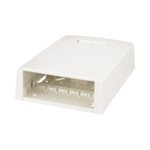 Caja de Montaje en Superficie, con Accesorio para Resguardo de Fibra ?ptica, para 12 M?dulos Mini-Com, Color Blanco Mate