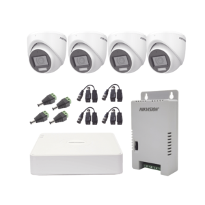 KIT TurboHD 1080p / DVR 4 Canales con audio por coaxitron / 4 Cǭmaras con Micr??fono y  106?? Visi??n/  luz blanca + IR visi??n nocturna  / Transceptores / Conectores / Fuente de Poder Profesional