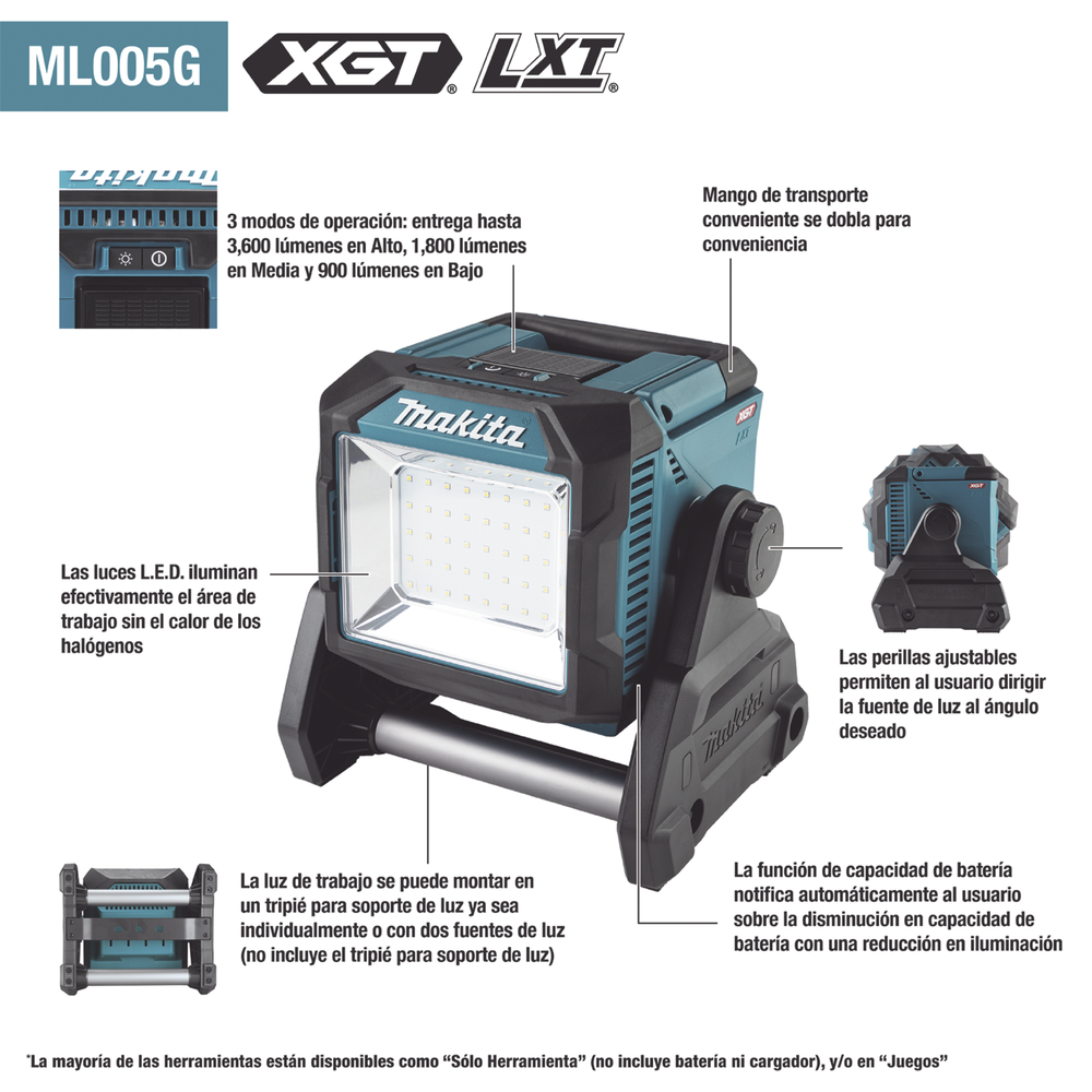 Luz de Trabajo Inalámbrica Utiliza Batria XGT® de 40V o LXT® Litio???Ion de 18V. - Imagen 2