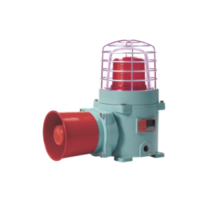 Combinación de baliza LED color Rojo con patrón fijo y flasheante con sirena electrónica, volumen máx. 120 dB para zonas peligrosas a 120 VCA