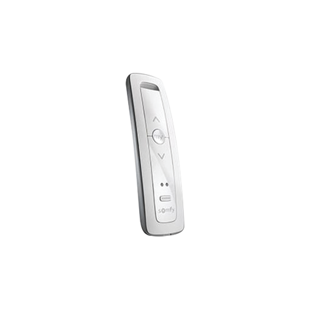 Control remoto 2 canales para motores de persiana Somfy con señal inalámbrica, instrucciones: sube, baja y detener, con posición favorita programada.