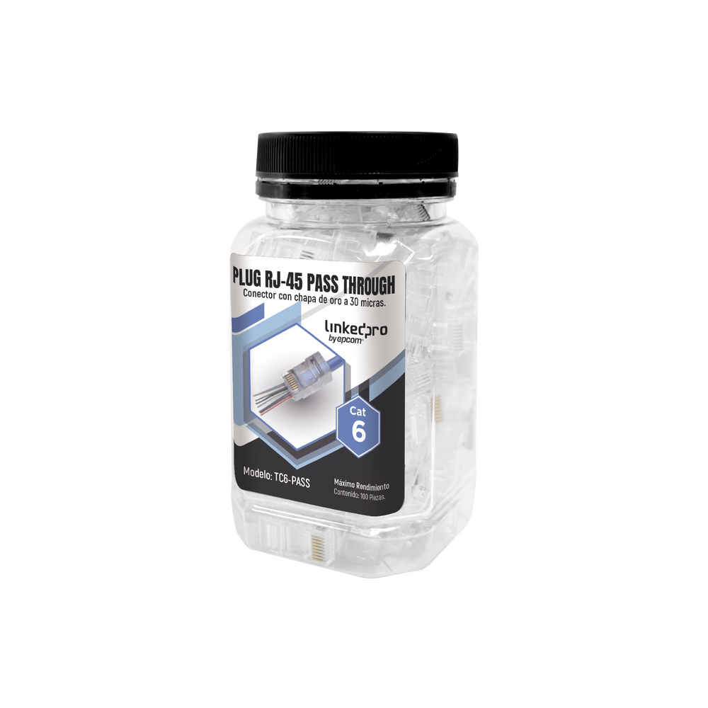 Bote con 100 Plugs Pass Through RJ45 Cat6 sin Blindaje, Chapado de Oro a 30 Micras para Durabilidad Extrema