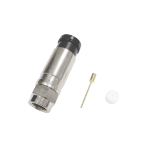 Conector F Macho de Compresi??n Axial con Borne Negro para instalar en Cable Coaxial RG-11, 75 Ohm, Bronce-Niquelado.