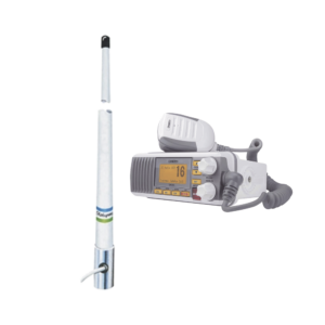 Kit de radio m??vil VHF marino modelo UM-385 color blanco y antena marina Shakespeare de fibra de vidrio 5101