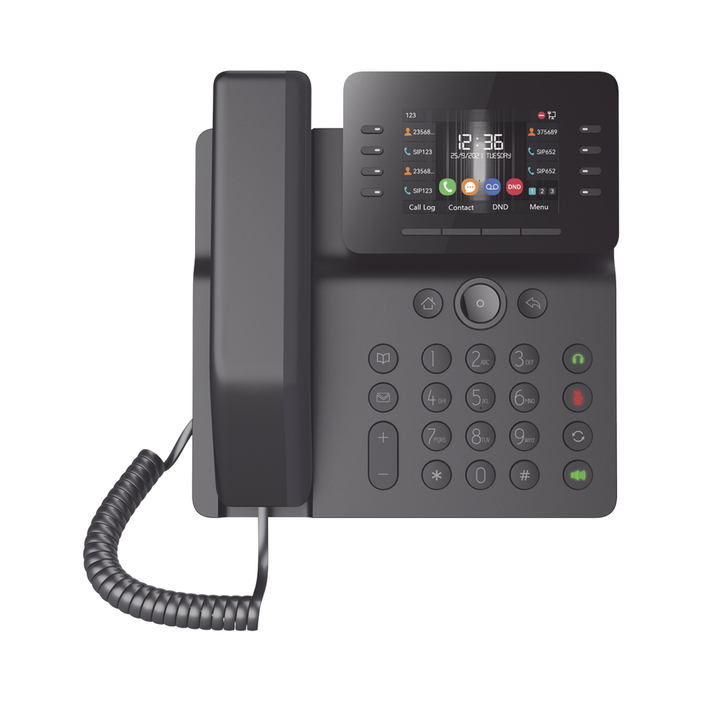 TelǸfono IP Empresarial Esencial WiFi / Bluetooth, 12 l??neas SIP, pantalla a color 3.5", PoE, puertos Gigabit, conferencia local de 6 v??as.
