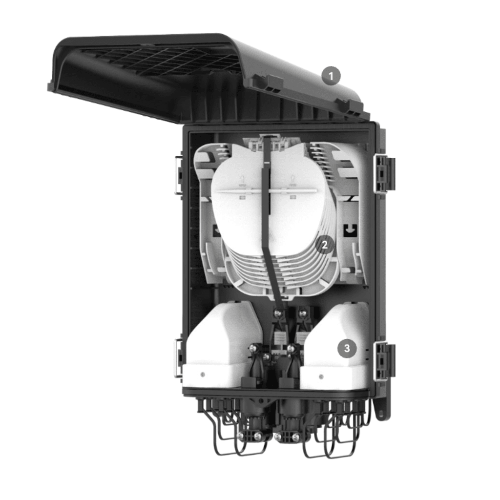 HUB Box Preconectorizada EASYCONN?? de FiberHome para Exterior, IP68, Hasta 96 Empalmes, Incluye 2 Splitters 1*4 - Imagen 4