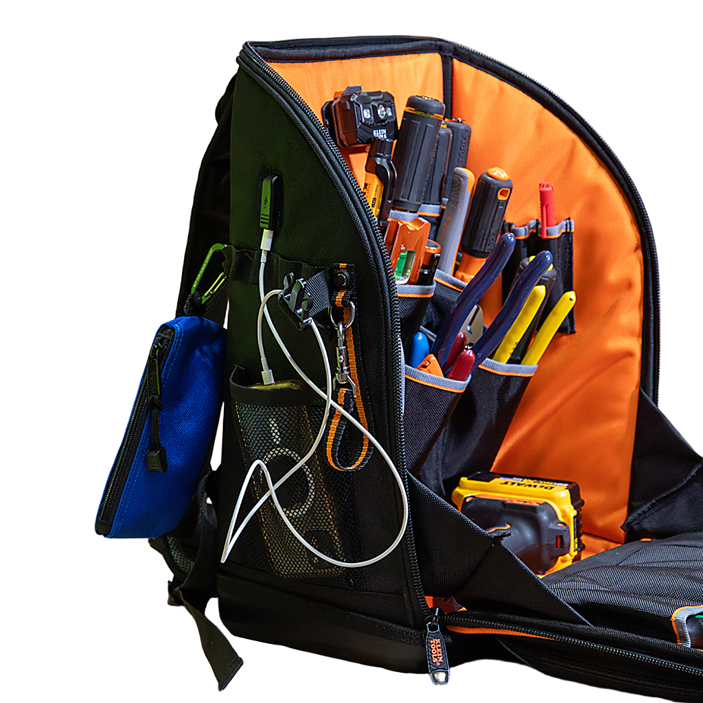 Mochila Profesional para Herramientas / 27 Bolsillos / Acceso Rápido y Estación de Trabajo / Base Moldeada Ancha / Interior Naranja / USB-C / Soporte para Lámpara - Imagen 9