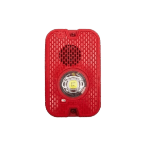 Sirena con Lámpara LED Estroboscópica / 2 Hilos / Montaje en Pared / 16 a 24 Vcd / Configuración Estroboscópica Seleccionable / Texto en Inglés / Color Rojo / Uso exterior
