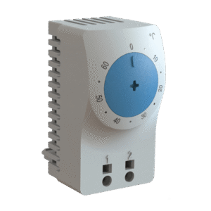 Termostato/Interruptor Para Control de Temperatura en Grados Celsius, Para Uso con Ventiladores, Con Terminales de Conexión, y Clip para Riel Din de 35 mm, Color Gris Claro